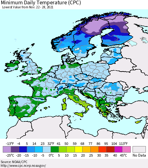 Europe Minimum Daily Temperature (CPC) Thematic Map For 11/22/2021 - 11/28/2021