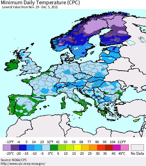 Europe Minimum Daily Temperature (CPC) Thematic Map For 11/29/2021 - 12/5/2021