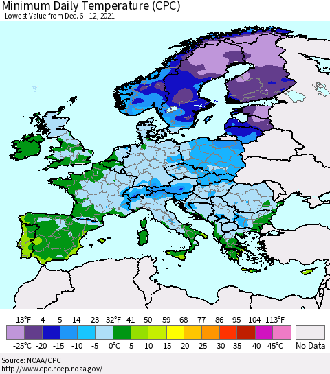 Europe Minimum Daily Temperature (CPC) Thematic Map For 12/6/2021 - 12/12/2021
