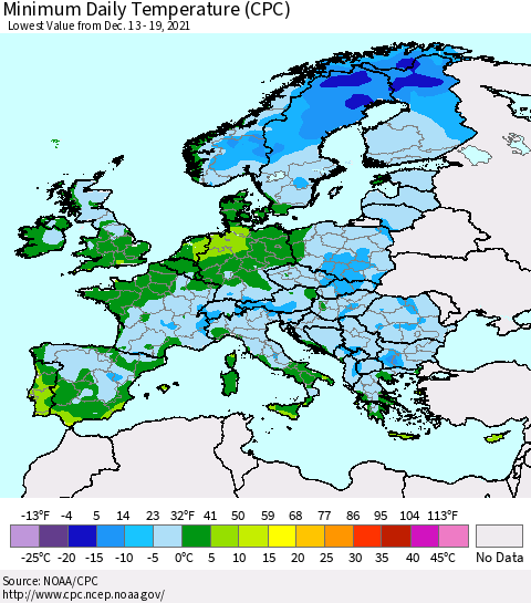 Europe Minimum Daily Temperature (CPC) Thematic Map For 12/13/2021 - 12/19/2021
