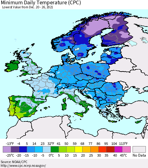 Europe Minimum Daily Temperature (CPC) Thematic Map For 12/20/2021 - 12/26/2021