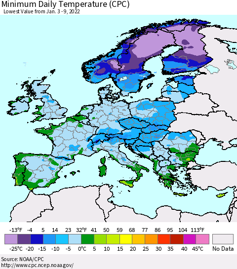 Europe Minimum Daily Temperature (CPC) Thematic Map For 1/3/2022 - 1/9/2022