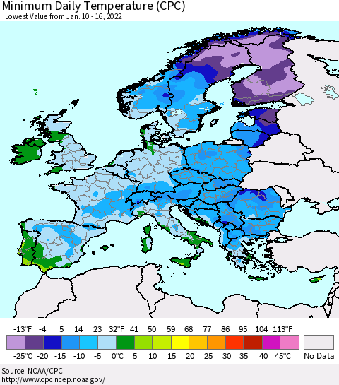 Europe Minimum Daily Temperature (CPC) Thematic Map For 1/10/2022 - 1/16/2022