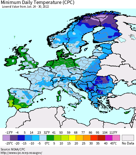 Europe Minimum Daily Temperature (CPC) Thematic Map For 1/24/2022 - 1/30/2022