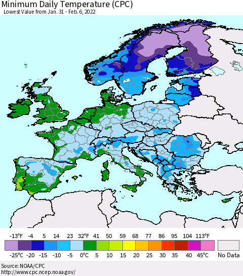 Europe Minimum Daily Temperature (CPC) Thematic Map For 1/31/2022 - 2/6/2022