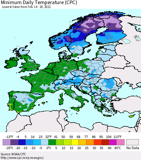Europe Minimum Daily Temperature (CPC) Thematic Map For 2/14/2022 - 2/20/2022