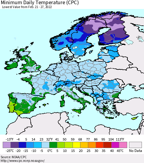 Europe Minimum Daily Temperature (CPC) Thematic Map For 2/21/2022 - 2/27/2022