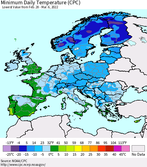 Europe Minimum Daily Temperature (CPC) Thematic Map For 2/28/2022 - 3/6/2022