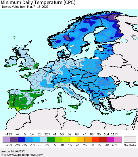 Europe Minimum Daily Temperature (CPC) Thematic Map For 3/7/2022 - 3/13/2022