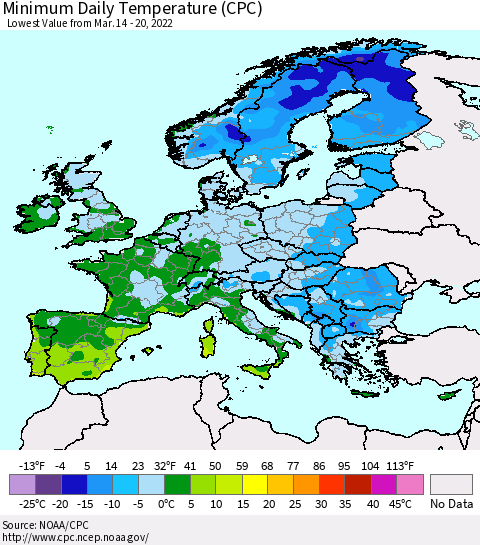 Europe Minimum Daily Temperature (CPC) Thematic Map For 3/14/2022 - 3/20/2022