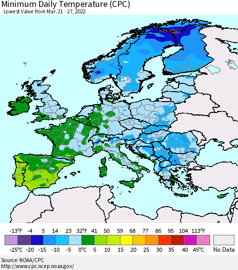 Europe Minimum Daily Temperature (CPC) Thematic Map For 3/21/2022 - 3/27/2022
