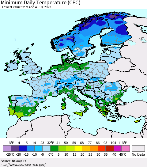 Europe Minimum Daily Temperature (CPC) Thematic Map For 4/4/2022 - 4/10/2022