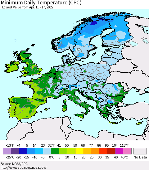 Europe Minimum Daily Temperature (CPC) Thematic Map For 4/11/2022 - 4/17/2022