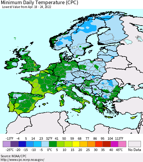 Europe Minimum Daily Temperature (CPC) Thematic Map For 4/18/2022 - 4/24/2022