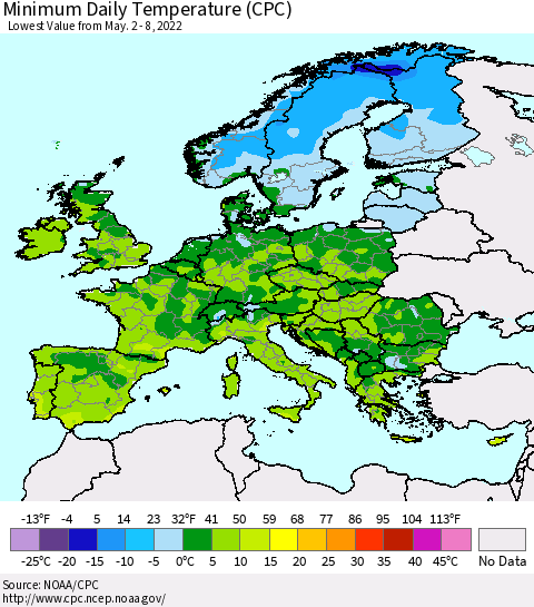 Europe Minimum Daily Temperature (CPC) Thematic Map For 5/2/2022 - 5/8/2022