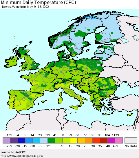 Europe Minimum Daily Temperature (CPC) Thematic Map For 5/9/2022 - 5/15/2022