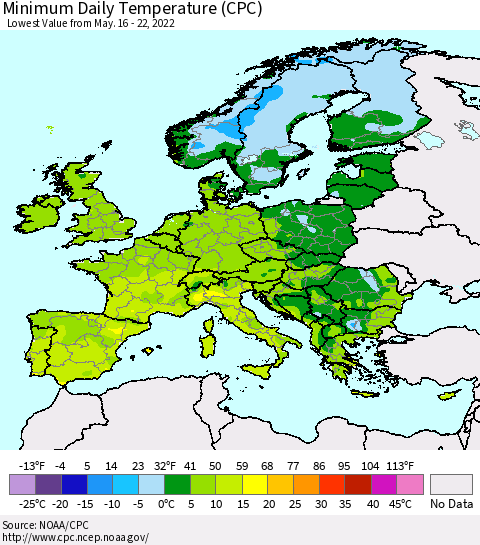 Europe Minimum Daily Temperature (CPC) Thematic Map For 5/16/2022 - 5/22/2022