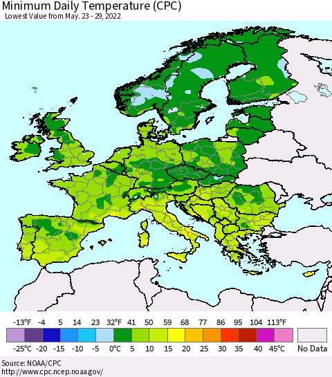 Europe Minimum Daily Temperature (CPC) Thematic Map For 5/23/2022 - 5/29/2022