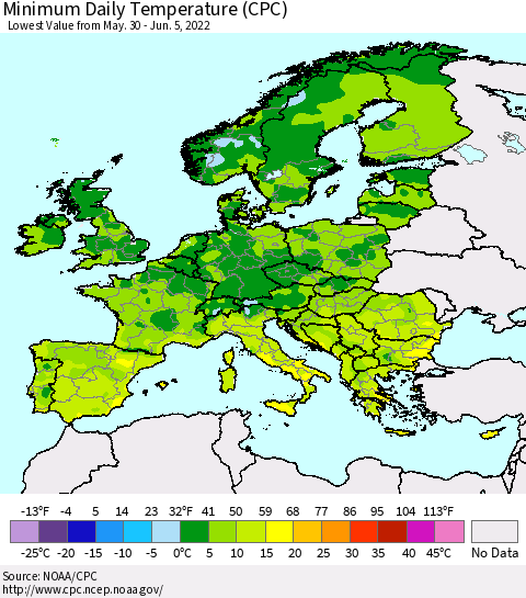 Europe Minimum Daily Temperature (CPC) Thematic Map For 5/30/2022 - 6/5/2022