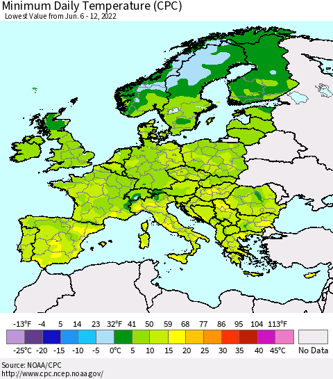 Europe Minimum Daily Temperature (CPC) Thematic Map For 6/6/2022 - 6/12/2022