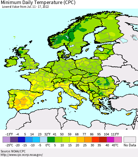 Europe Minimum Daily Temperature (CPC) Thematic Map For 7/11/2022 - 7/17/2022