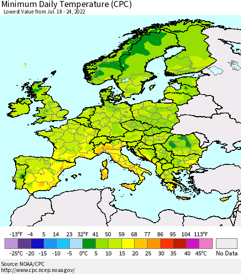 Europe Minimum Daily Temperature (CPC) Thematic Map For 7/18/2022 - 7/24/2022