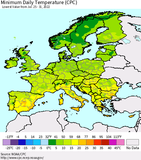 Europe Minimum Daily Temperature (CPC) Thematic Map For 7/25/2022 - 7/31/2022