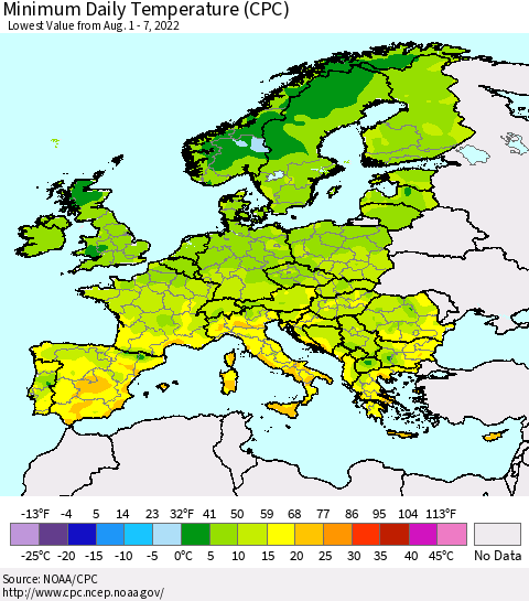 Europe Minimum Daily Temperature (CPC) Thematic Map For 8/1/2022 - 8/7/2022