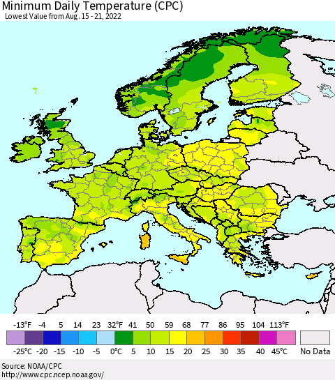 Europe Minimum Daily Temperature (CPC) Thematic Map For 8/15/2022 - 8/21/2022