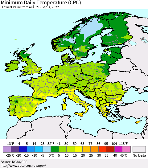 Europe Minimum Daily Temperature (CPC) Thematic Map For 8/29/2022 - 9/4/2022