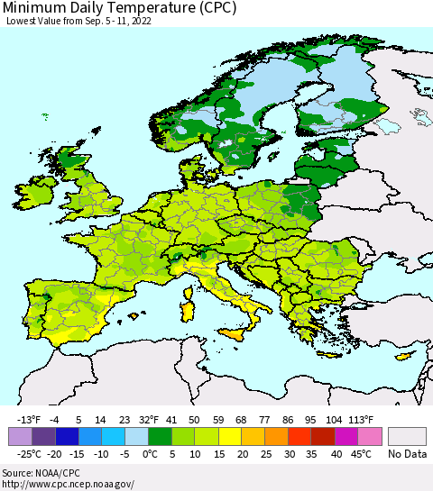 Europe Minimum Daily Temperature (CPC) Thematic Map For 9/5/2022 - 9/11/2022