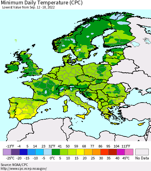 Europe Minimum Daily Temperature (CPC) Thematic Map For 9/12/2022 - 9/18/2022