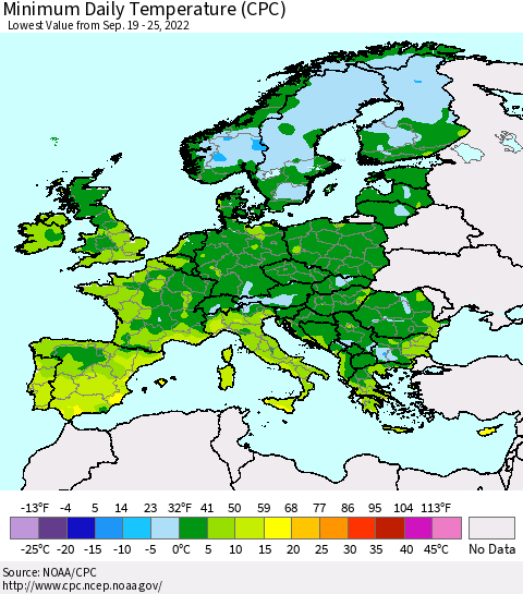 Europe Minimum Daily Temperature (CPC) Thematic Map For 9/19/2022 - 9/25/2022