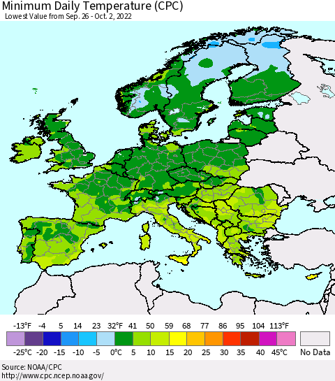 Europe Minimum Daily Temperature (CPC) Thematic Map For 9/26/2022 - 10/2/2022