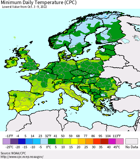 Europe Minimum Daily Temperature (CPC) Thematic Map For 10/3/2022 - 10/9/2022