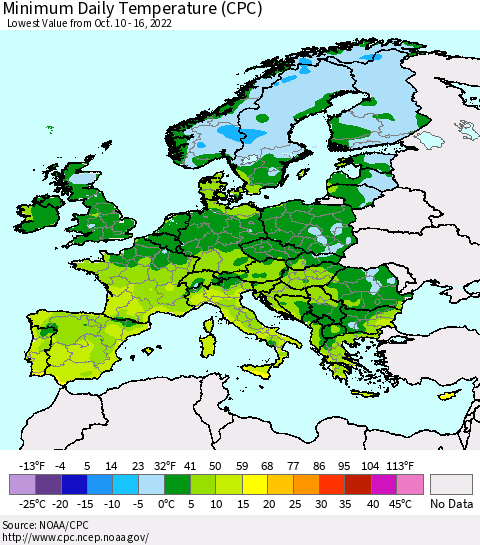 Europe Minimum Daily Temperature (CPC) Thematic Map For 10/10/2022 - 10/16/2022
