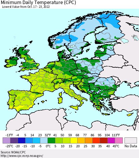 Europe Minimum Daily Temperature (CPC) Thematic Map For 10/17/2022 - 10/23/2022