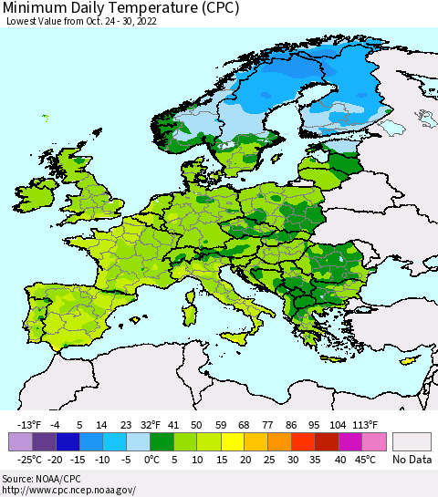 Europe Minimum Daily Temperature (CPC) Thematic Map For 10/24/2022 - 10/30/2022