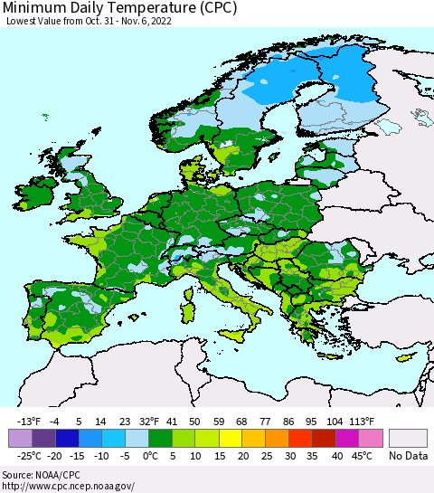 Europe Minimum Daily Temperature (CPC) Thematic Map For 10/31/2022 - 11/6/2022