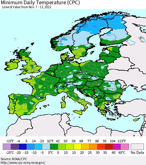 Europe Minimum Daily Temperature (CPC) Thematic Map For 11/7/2022 - 11/13/2022