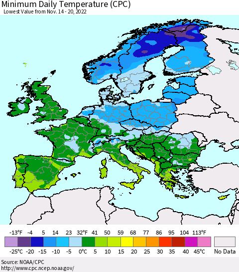 Europe Minimum Daily Temperature (CPC) Thematic Map For 11/14/2022 - 11/20/2022