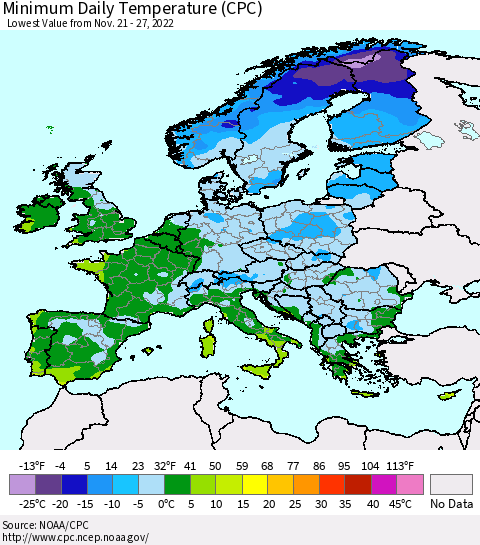 Europe Minimum Daily Temperature (CPC) Thematic Map For 11/21/2022 - 11/27/2022