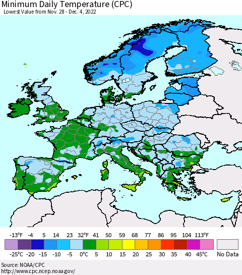 Europe Minimum Daily Temperature (CPC) Thematic Map For 11/28/2022 - 12/4/2022