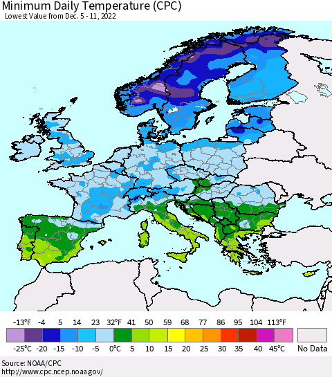 Europe Minimum Daily Temperature (CPC) Thematic Map For 12/5/2022 - 12/11/2022