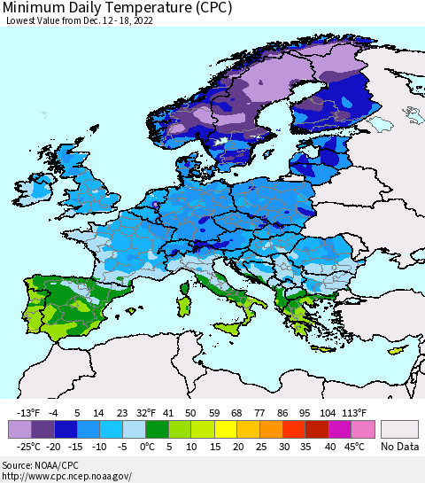 Europe Minimum Daily Temperature (CPC) Thematic Map For 12/12/2022 - 12/18/2022
