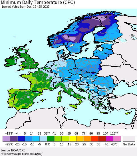 Europe Minimum Daily Temperature (CPC) Thematic Map For 12/19/2022 - 12/25/2022