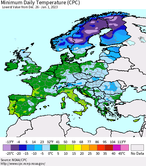 Europe Minimum Daily Temperature (CPC) Thematic Map For 12/26/2022 - 1/1/2023