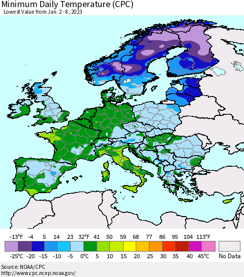 Europe Minimum Daily Temperature (CPC) Thematic Map For 1/2/2023 - 1/8/2023