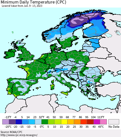 Europe Minimum Daily Temperature (CPC) Thematic Map For 1/9/2023 - 1/15/2023