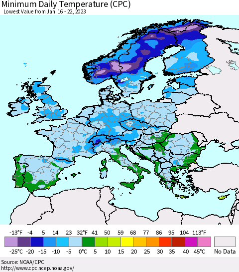 Europe Minimum Daily Temperature (CPC) Thematic Map For 1/16/2023 - 1/22/2023